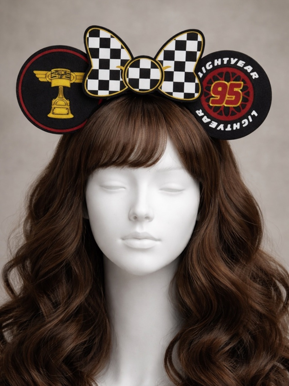 Hand Crafted Black, White, Red & Gold Racing Minnie Ears Headband